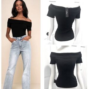 NWT Lulu’s Easily Endearing Black Ribbed Knit Off-the-Shoulder Top Sz Large NEW